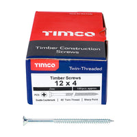 Timco 12 x 4" Twin Threaded Woodscrews Countsunk Head Zinc (100/Box) 00124CWZ