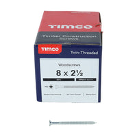 Timco 8 x 2 1/2" Twin Threaded Woodscrews Countsunk Head Zinc (200/Box) 08212CWZ