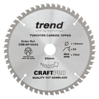 Trend Aluminium/Plastic Circular Saw Blade 160mm x 20mm x 52T CSB/AP16052