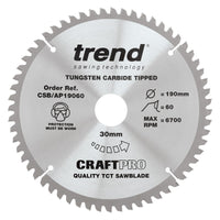 Trend Aluminium/Plastic Circular Saw Blade 190mm x 30mm x 60T CSB/AP19060