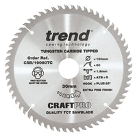 Trend Wood Cordless ATBR Circular Craft Thin Kerf Saw Blade 190mm x 30mm x 60T CSB/19060TC
