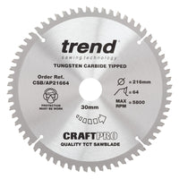 Trend Aluminium/Plastic Circular Saw Blade 216mm x 30mm x 64T CSB/AP21664