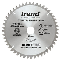 Trend Wood Mitre Craft Crosscut Saw Blade 216mm x 30mm x 48T CSB/CC21648