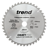 Trend Wood Mitre Craft Crosscut Saw Blade 260mm x 30mm x 42T CSB/CC26042