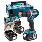 Makita DHP484TJX9 18V LXT Combi Drill With 2 x 5.0Ah Batteries Charger & B-68323 Bit Set In Case