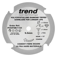 Trend PCD Fibre Cement Circular Saw Blade 115mm x 9.5mm x 4T PCD/FSB/1154