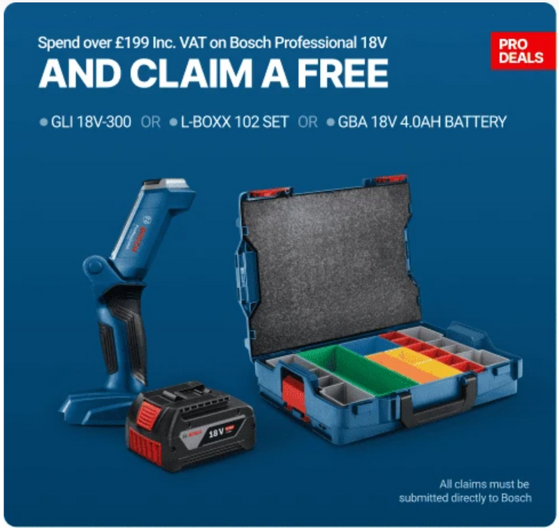 Spend over £199 on Bosch Professional 18V and claim a free GLI 18V-300, L-BOXX 102 set, or GBA 18V 4.0Ah battery