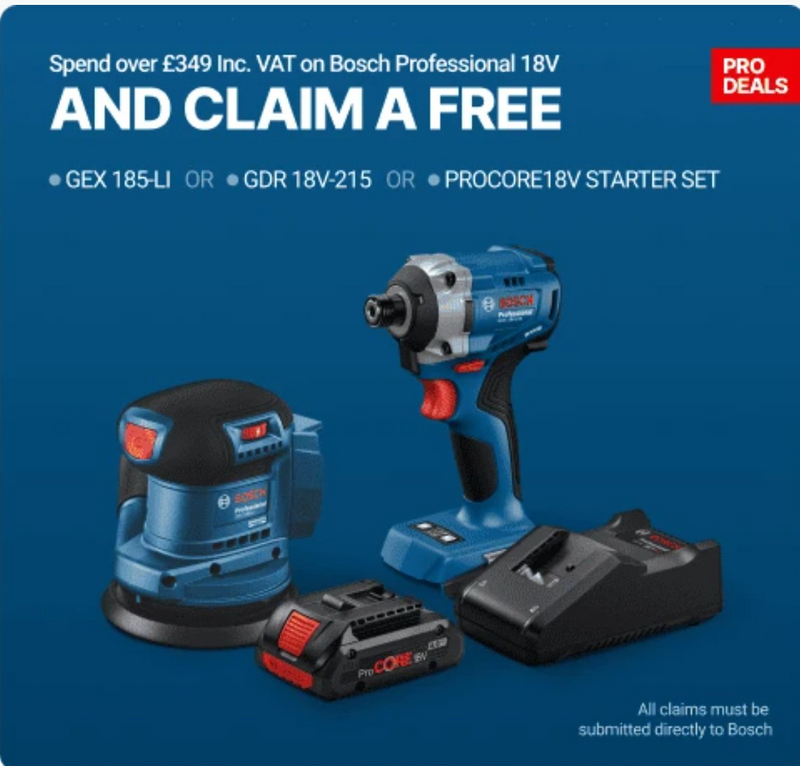 Spend over £349 on Bosch Professional 18V and claim a free GEX 185-LI, GDR 18V-215, or ProCORE18V starter set