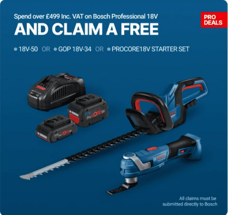 Spend over £499 on Bosch Professional 18V and claim a free 18V-50, GOP 18V-34, or ProCORE18V starter set