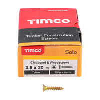Timco 3.5 x 20mm Solo Chipboard & Woodscrews - PZ - Double Countersunk - Yellow 35020SOLOC