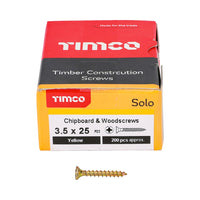 Timco 3.5 x 25mm Solo Chipboard & Woodscrews - PZ - Double Countersunk - Yellow 35025SOLOC
