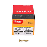 Timco 4.0 x 25mm Solo Chipboard & Woodscrews - PZ - Double Countersunk - Yellow 40025SOLOC