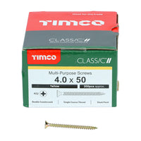 Timco 4.0 x 50mm Classic Multi-Purpose Screws Countsunk Head Yellow (200/Box) 40050CLAF