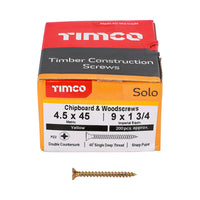 Timco 4.5 x 45mm Solo Chipboard & Woodscrews - PZ - Double Countersunk - Yellow 45045SOLOC