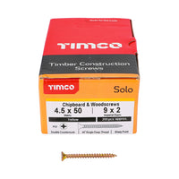 Timco 4.5 x 50mm Solo Chipboard & Woodscrews - PZ - Double Countersunk - Yellow  45050SOLOC