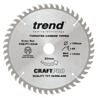 Trend Craft Super Fine Finish Plunge Saw Blade 165mm Dia. X 48 Teeth X 20mm Bore X 2.2mm Kerf CSB/PT16548