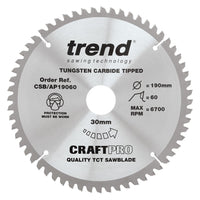 Trend Aluminium/Plastic Circular Saw Blade 190mm x 30mm x 60T CSB/AP19060