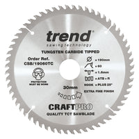 Trend Wood Cordless ATBR Circular Craft Thin Kerf Saw Blade 190mm x 30mm x 60T CSB/19060TC