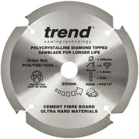 Trend PCD Cement Fibre Board Saw Blade 165mm Dia. X 4 Teeth X 20mm Bore X 1.8mm Kerf PCD/FSB/1654