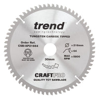 Trend Aluminium/Plastic Circular Saw Blade 216mm x 30mm x 64T CSB/AP21664