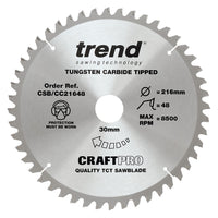 Trend Wood Mitre Craft Crosscut Saw Blade 216mm x 30mm x 48T CSB/CC21648
