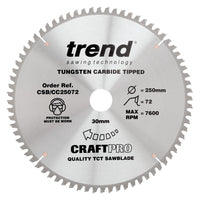 Trend Wood Mitre Craft Crosscut Saw Blade 250mm x 30mm x 72T CSB/CC25072
