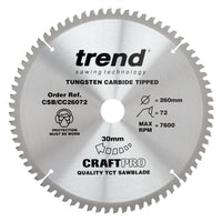 Trend Wood Mitre Saw Blade 260mm x 30mm x 72T CSB/CC26072