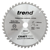 Trend Wood Mitre Craft Crosscut Saw Blade 260mm x 30mm x 42T CSB/CC26042