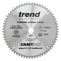 Trend Wood Mitre Craft Crosscut Saw Blade 305mm x 30mm x 64T CSB/CC30564
