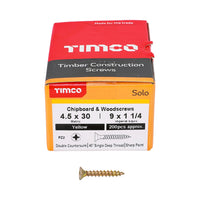 Timco 4.5 x 30mm Solo Chipboard & Woodscrews - PZ - Double Countersunk - Yellow 45030SOLOC