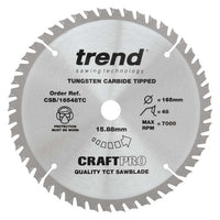 Trend Craft Thin Kerf Saw Blade 165mm Dia. X 48 Teeth X 15.88mm Bore X 1.6mm Kerf CSB/16548TC
