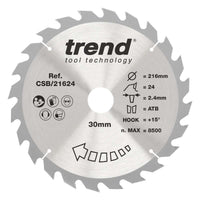 Trend Wood Circular Ripping Table Saw Blade 216mm x 30mm x 24T CSB/21624