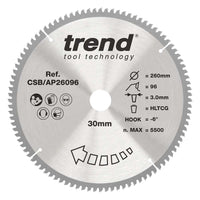 Trend Craft Aluminium and Plastic Circular Saw Blade 260mm x 30mm x 96T CSB/AP26096