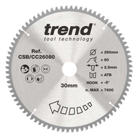 Trend Wood Mitre Craft Crosscut Saw Blade 260mm x 30mm x 80T CSB/CC26080
