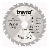 Trend Craft Thin Kerf Saw Blade 136mm Dia. X 24 Teeth X 20mm Bore X 1.5mm Kerf CSB/13624TA