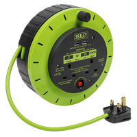Sealey BCR10G 10m Cassette Type Cable Reel Green with Thermal Trip 2 x 230V and 2 x USB