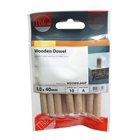 Timco 8.0 X 40mm Wooden Dowels 40mm Pack of 10 WDOWEL840P
