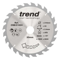 Trend Wood Circular Ripping Table Saw Blade 216mm x 30mm x 24T CSB/21624