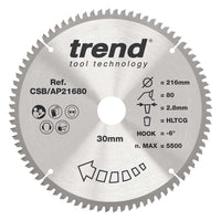 Trend Craft Aluminium and PlasticCircular Saw Blade 216mm x 30mm x 80T CSB/AP21680