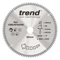 Trend Craft Aluminium and Plastic Circular Saw Blade 260mm x 30mm x 96T CSB/AP26096