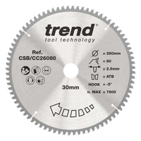 Trend Wood Mitre Craft Crosscut Saw Blade 260mm x 30mm x 80T CSB/CC26080