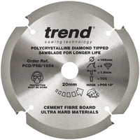 Trend PCD Cement Fibre Board Saw Blade 165mm Dia. X 4 Teeth X 20mm Bore X 1.8mm Kerf PCD/FSB/1654